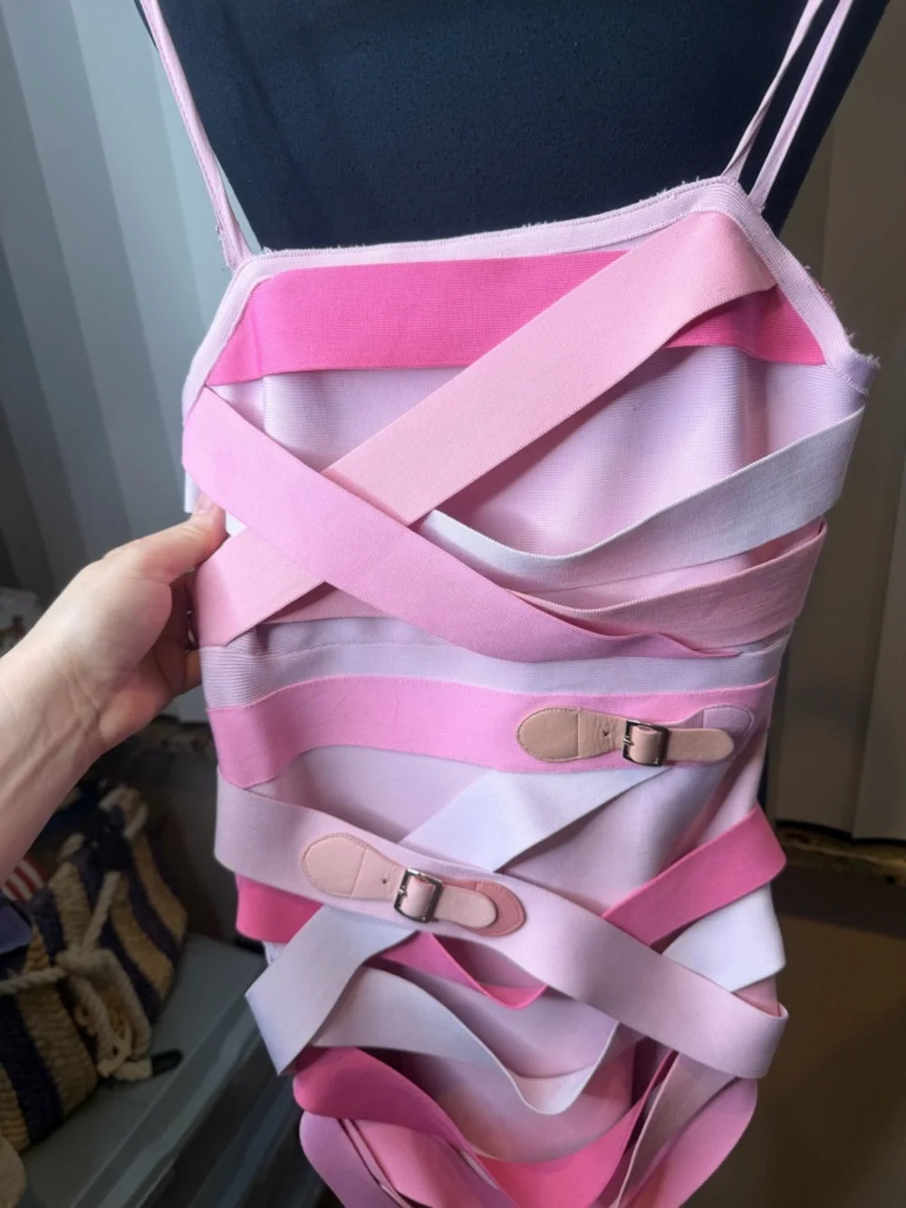 Akira Pink Strappy Bandage Belt Statement Bodycon Dress Size Small - Picture 3 of 8